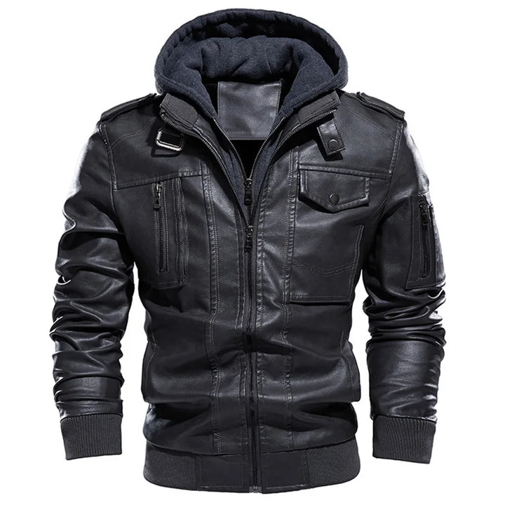 Giacca in pelle vintage da uomo calda con cappuccio, bomber senza maniche e maniche lunghe  