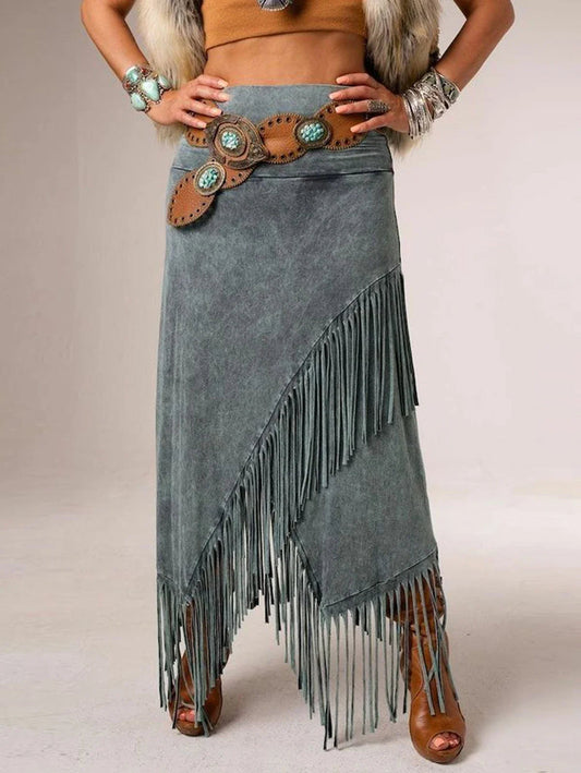 Women's Bohemian Fabric Maxi Skirt | Elegant High-Waist Fringe Design 1
