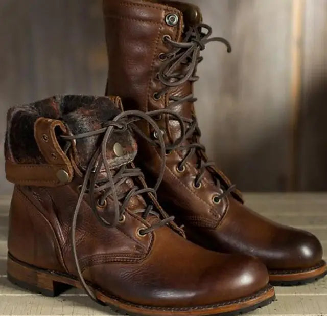 Women's Leather Boots with Round Toe and Slim Heel