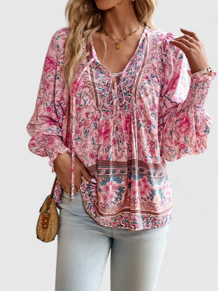 Women's Floral Boho Blouse V-Neck Puff Sleeve Top