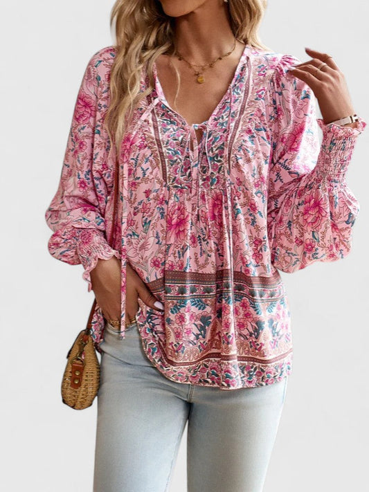 Women's Floral Boho Blouse V-Neck Puff Sleeve Top