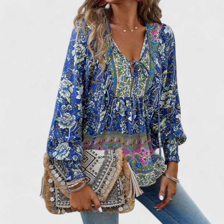 Women's Floral Boho Blouse V-Neck Puff Sleeve Top