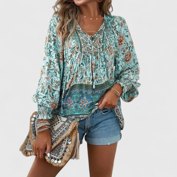 Women's Floral Boho Blouse V-Neck Puff Sleeve Top