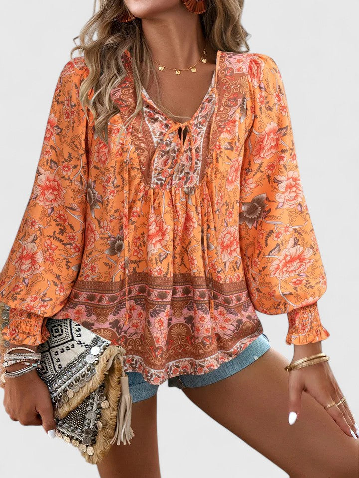Women's Floral Boho Blouse V-Neck Puff Sleeve Top