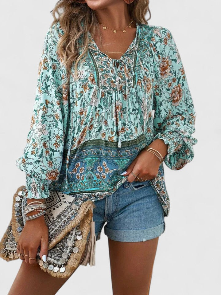 Women's Floral Boho Blouse V-Neck Puff Sleeve Top