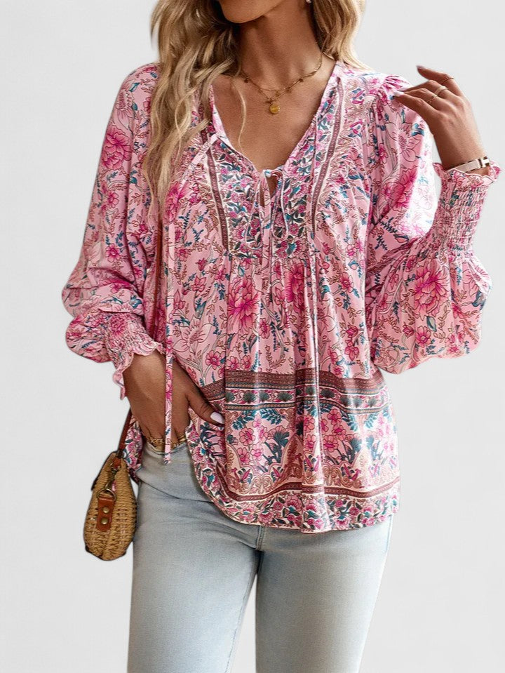 Women's Floral Boho Blouse V-Neck Puff Sleeve Top