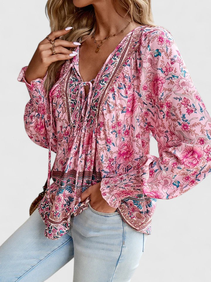 Women's Floral Boho Blouse V-Neck Puff Sleeve Top