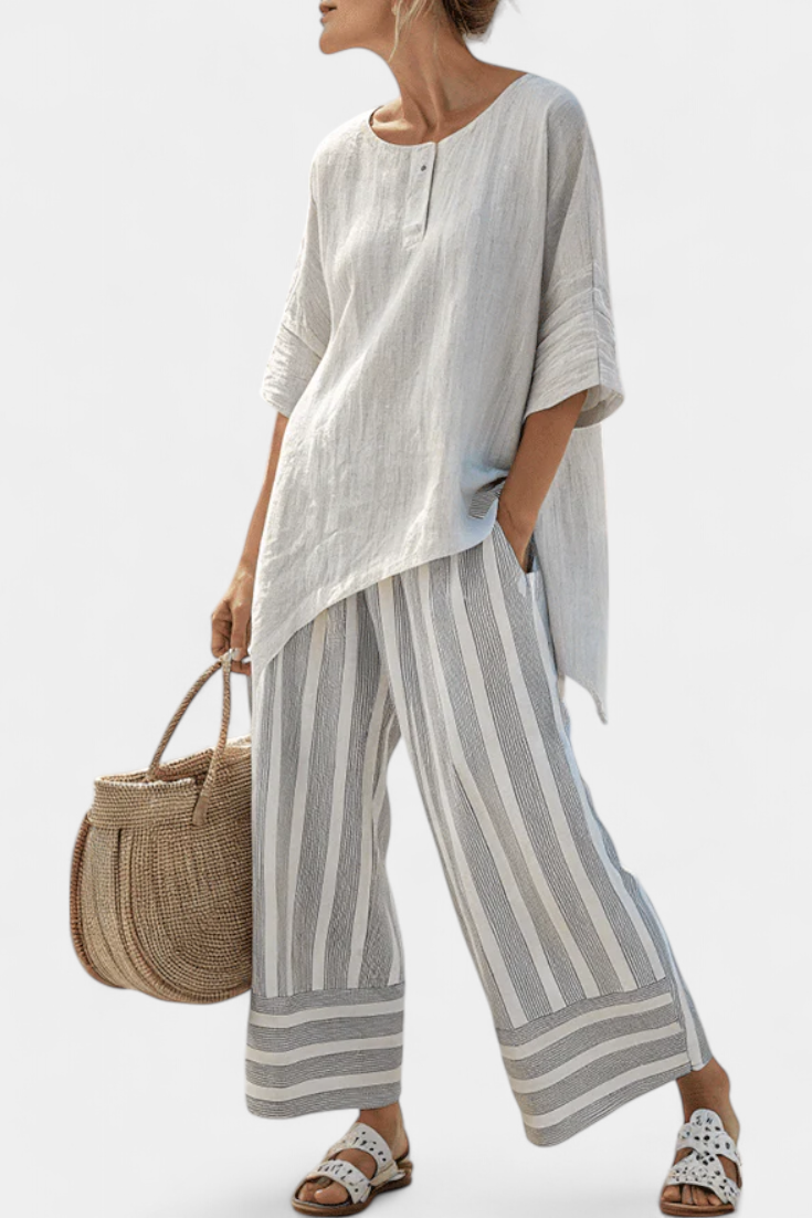 Sophie | Chic Asymmetric Blouse and Striped Pants 0