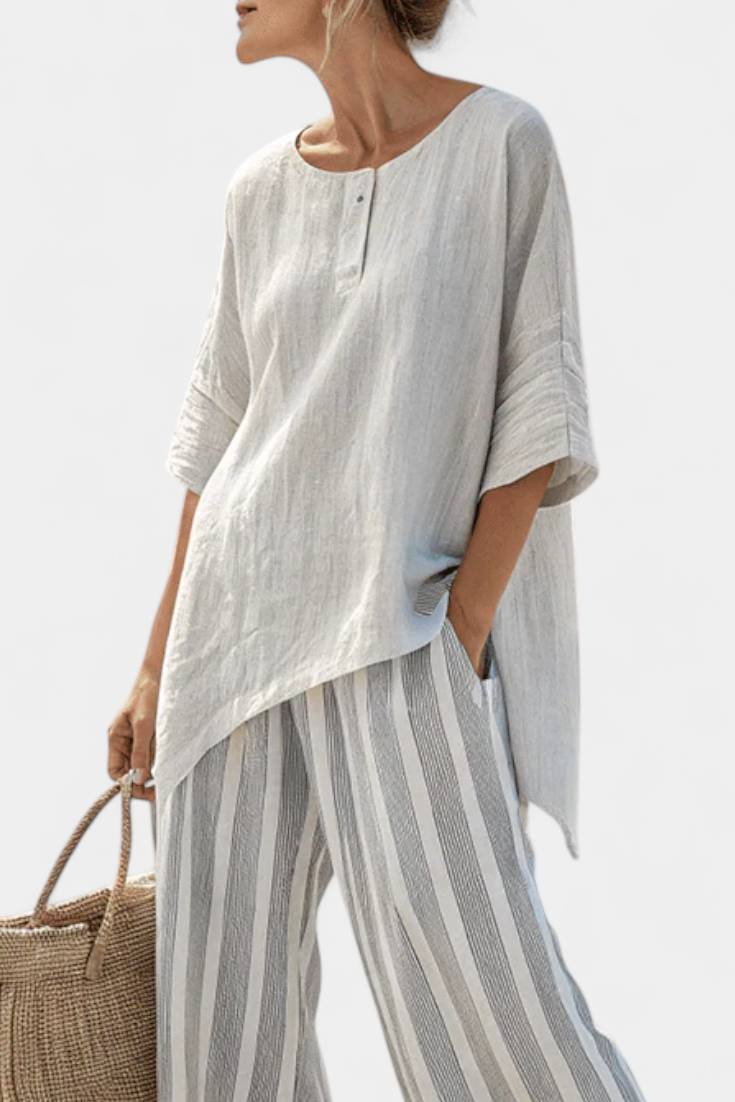 Sophie | Chic Asymmetric Blouse and Striped Pants 1