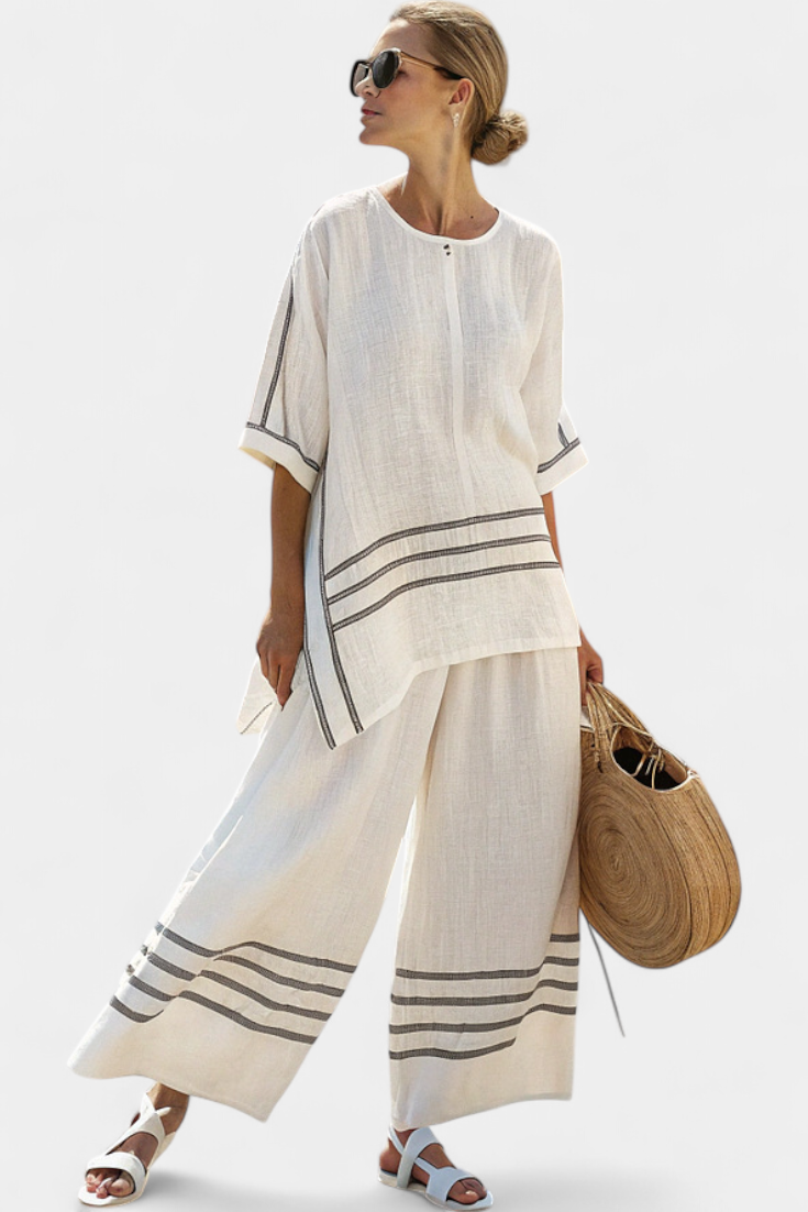 Sophie | Chic Striped Asymmetric Top and Wide-Leg Pants Women's Outfit 0