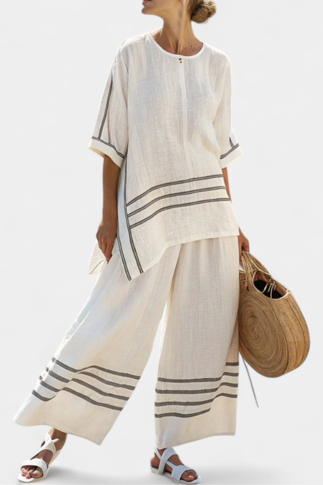 Sophie | Chic Striped Asymmetric Top and Wide-Leg Pants Women's Outfit 1
