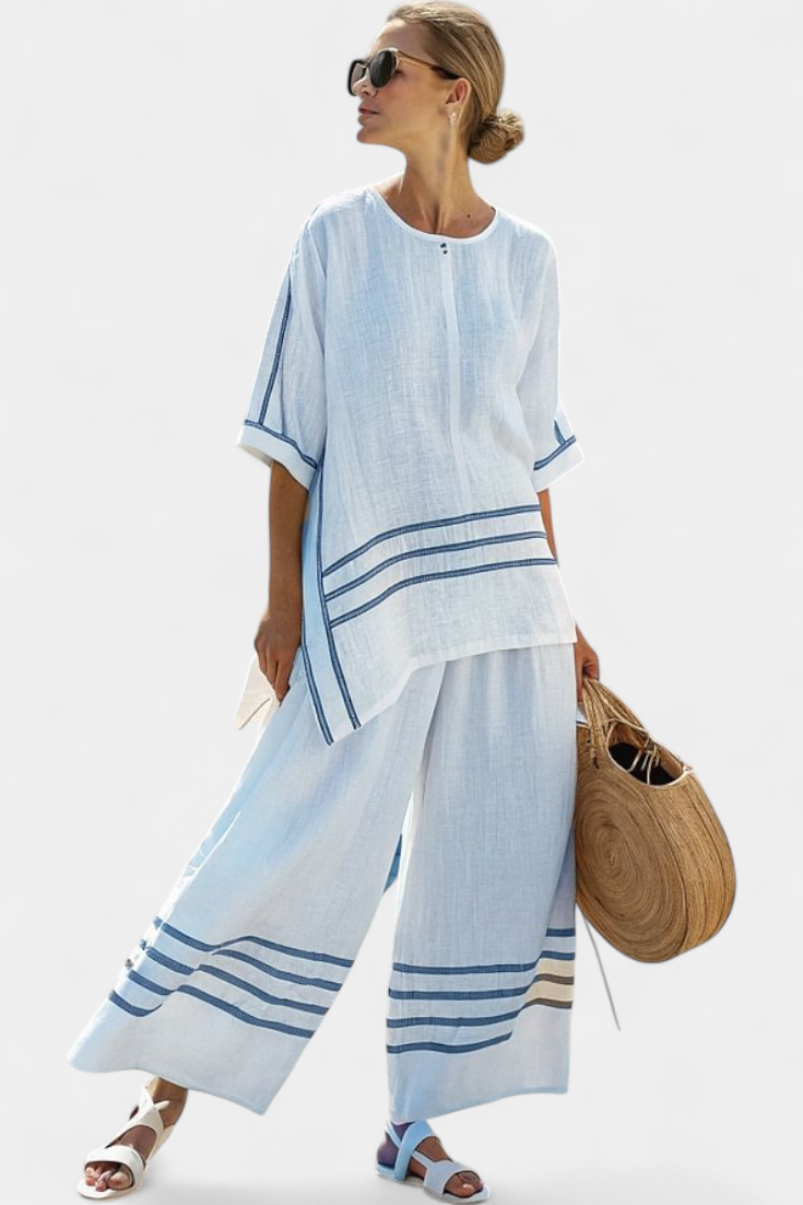 Sophie | Chic Striped Asymmetric Top and Wide-Leg Pants Women's Outfit 2