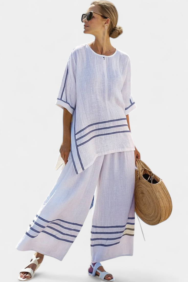 Sophie | Chic Striped Asymmetric Top and Wide-Leg Pants Women's Outfit 3