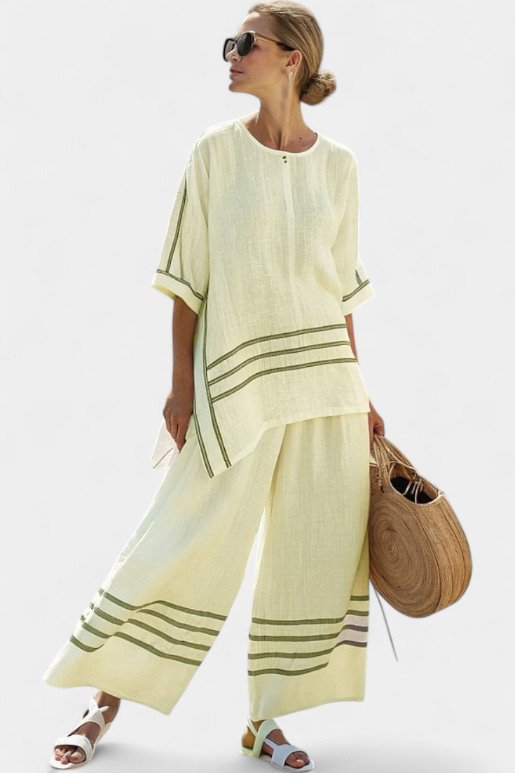 Sophie | Chic Striped Asymmetric Top and Wide-Leg Pants Women's Outfit 4
