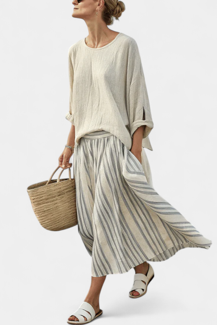 Sophie | Elegant Comfortable Bamboo Linen Blouse And Striped Midi Skirt 0