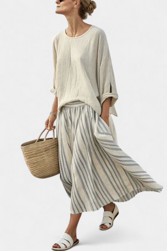 Sophie | Elegant Comfortable Bamboo Linen Blouse And Striped Midi Skirt 0