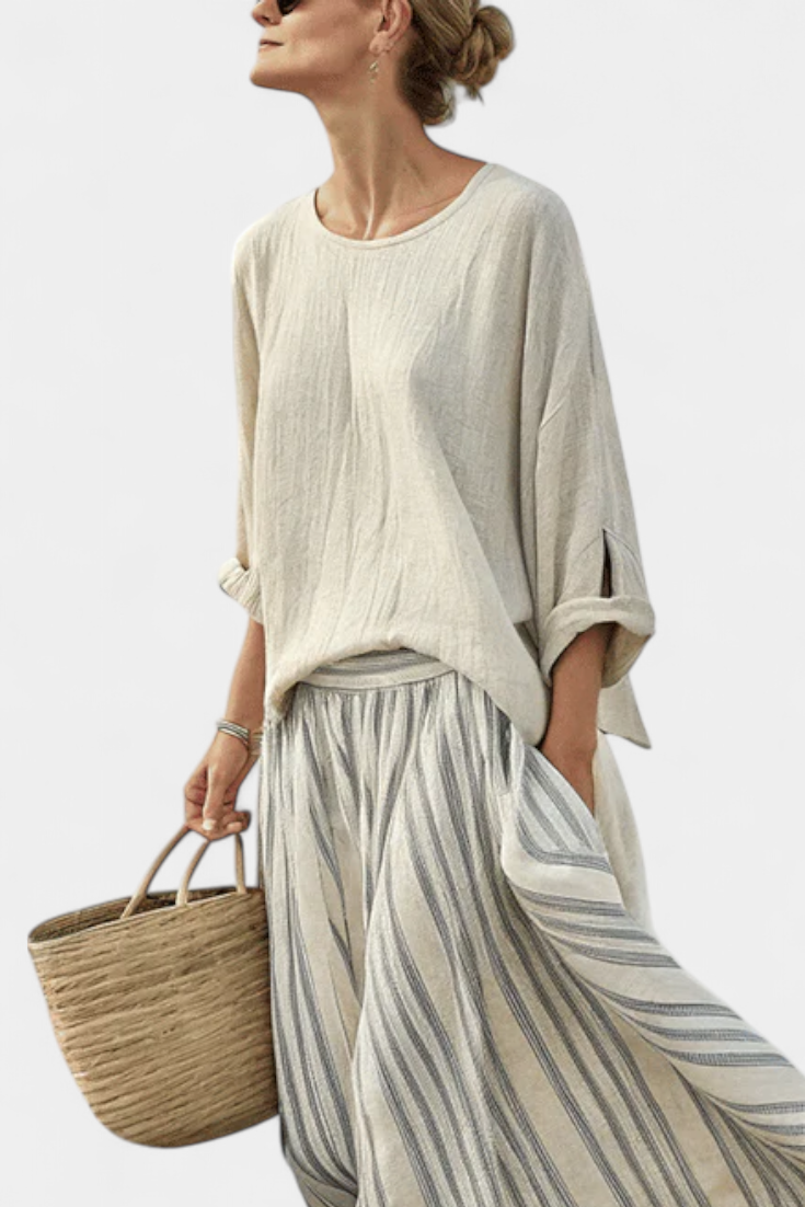 Sophie | Elegant Comfortable Bamboo Linen Blouse And Striped Midi Skirt 1