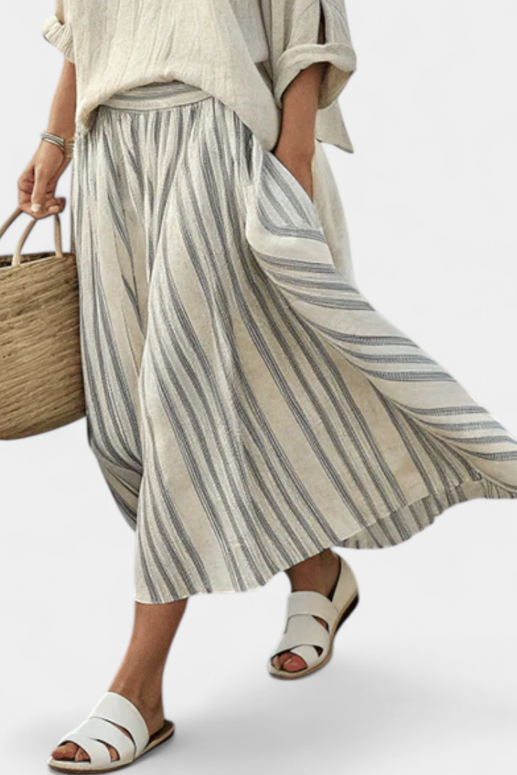 Sophie | Elegant Comfortable Bamboo Linen Blouse And Striped Midi Skirt 2