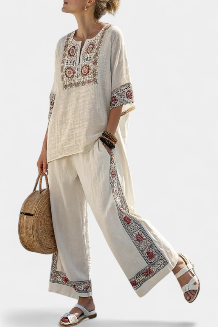Sophie | Elegant Floral Embroidered Blouse and Wide Leg Pants Set 0