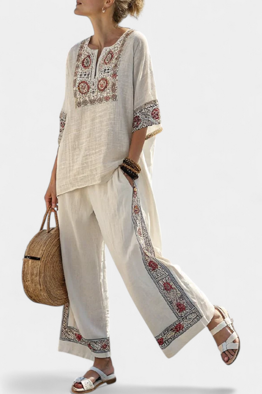 Sophie | Elegant Floral Embroidered Blouse and Wide Leg Pants Set 0