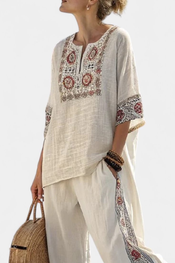Sophie | Elegant Floral Embroidered Blouse and Wide Leg Pants Set 1