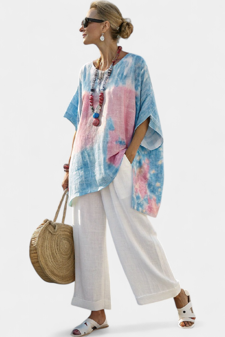 Sophie | Elegant Lightweight Linen Blouse And Striped Pants Set 0