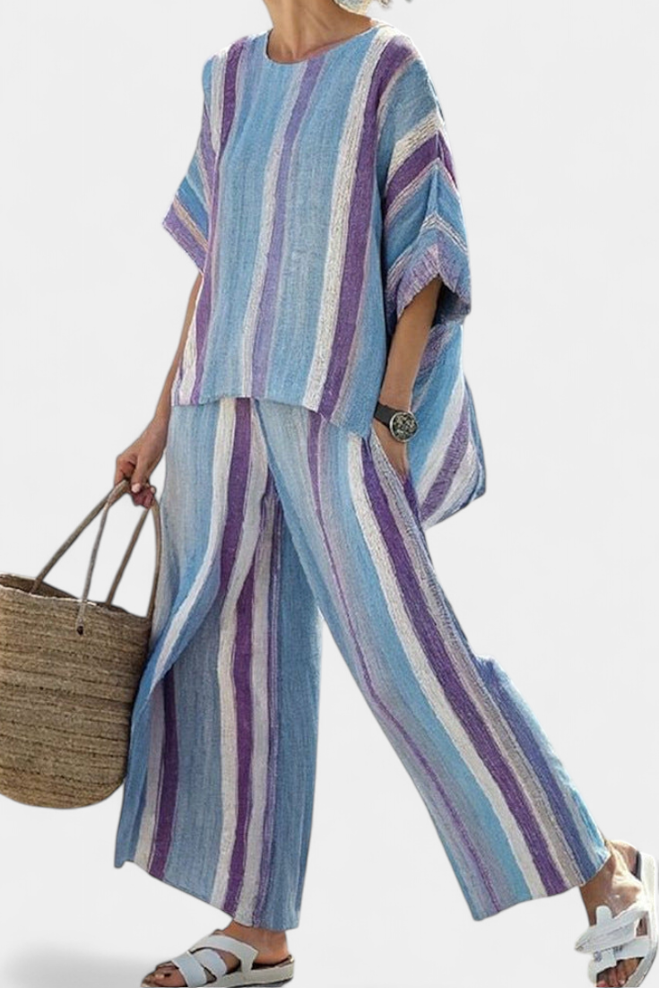 Sophie | Elegant Pastel Top and Striped Wide-Leg Pants 0