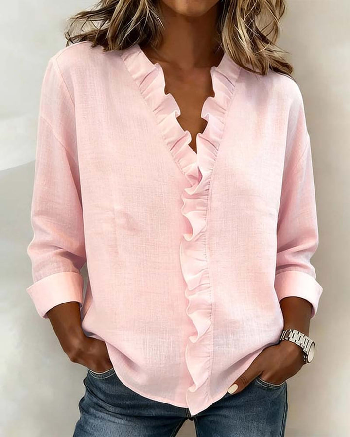 Blusa da donna con volant, scollo a V e maniche lunghe, top primaverile