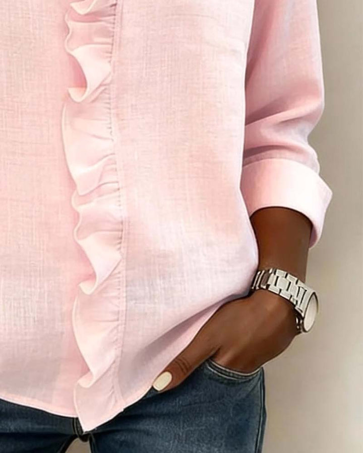 Blusa da donna con volant, scollo a V e maniche lunghe, top primaverile