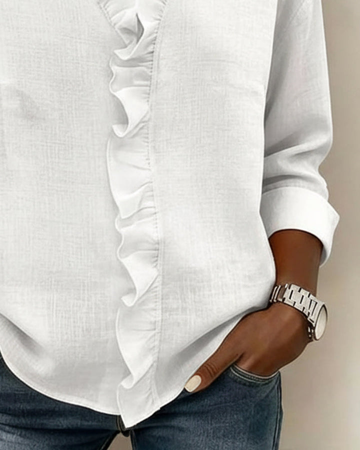 Blusa da donna con volant, scollo a V e maniche lunghe, top primaverile