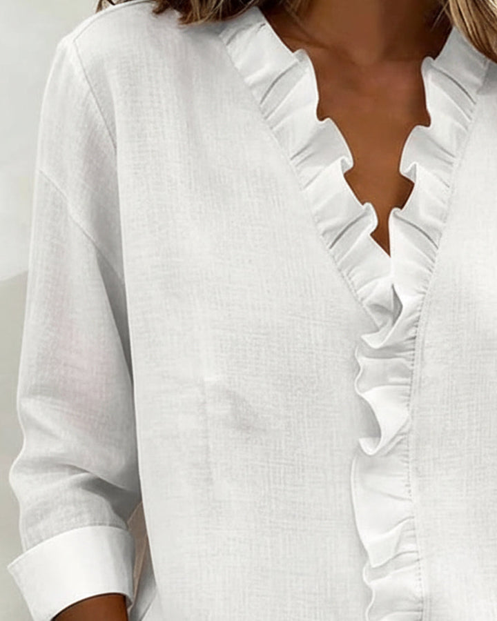 Blusa da donna con volant, scollo a V e maniche lunghe, top primaverile