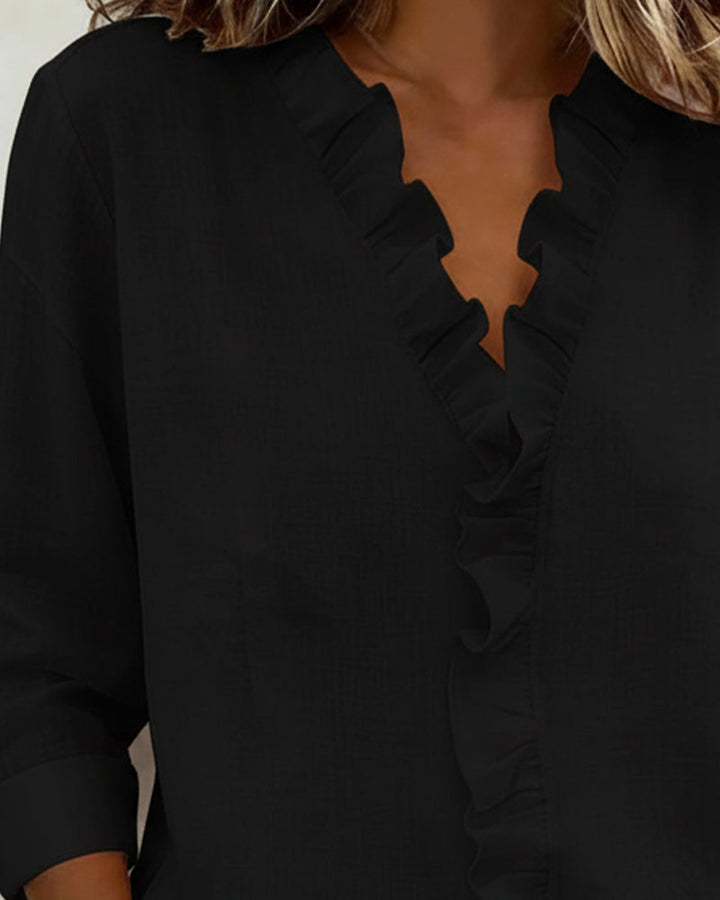 Blusa da donna con volant, scollo a V e maniche lunghe, top primaverile