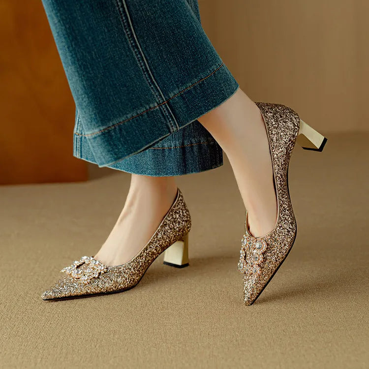 Stella | Women's Glitter Block Heel Pumps Pointed Toe Crystal Buckle 0