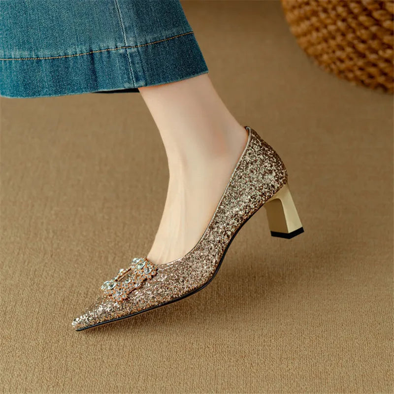 Stella | Women's Glitter Block Heel Pumps Pointed Toe Crystal Buckle 2