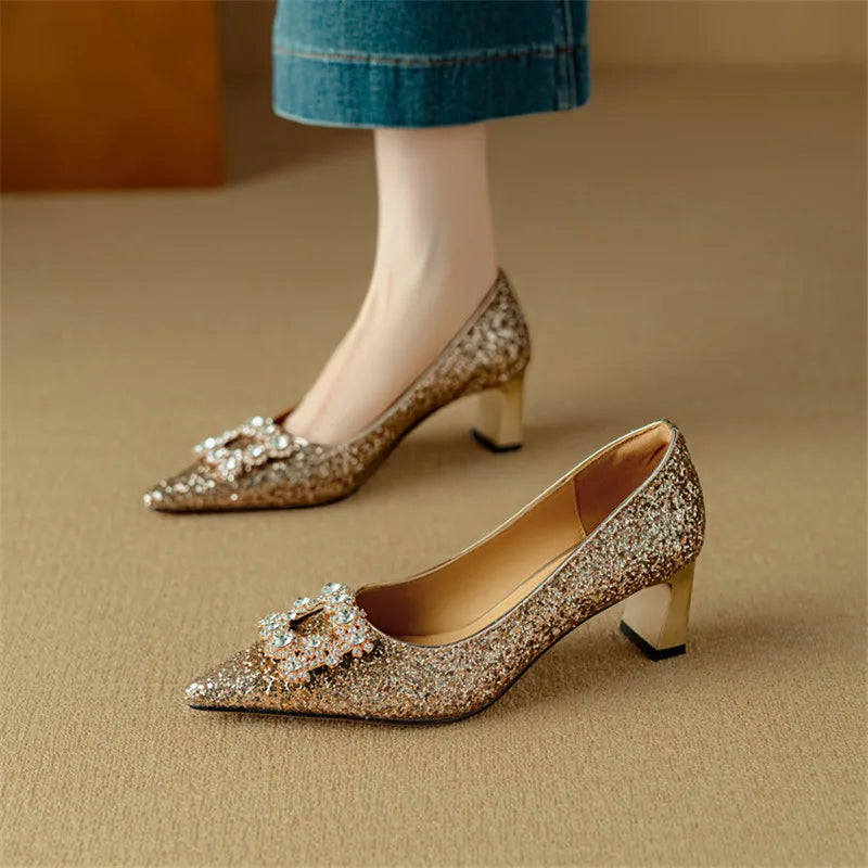 Stella | Women's Glitter Block Heel Pumps Pointed Toe Crystal Buckle 3