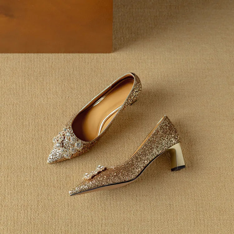 Stella | Women's Glitter Block Heel Pumps Pointed Toe Crystal Buckle 5