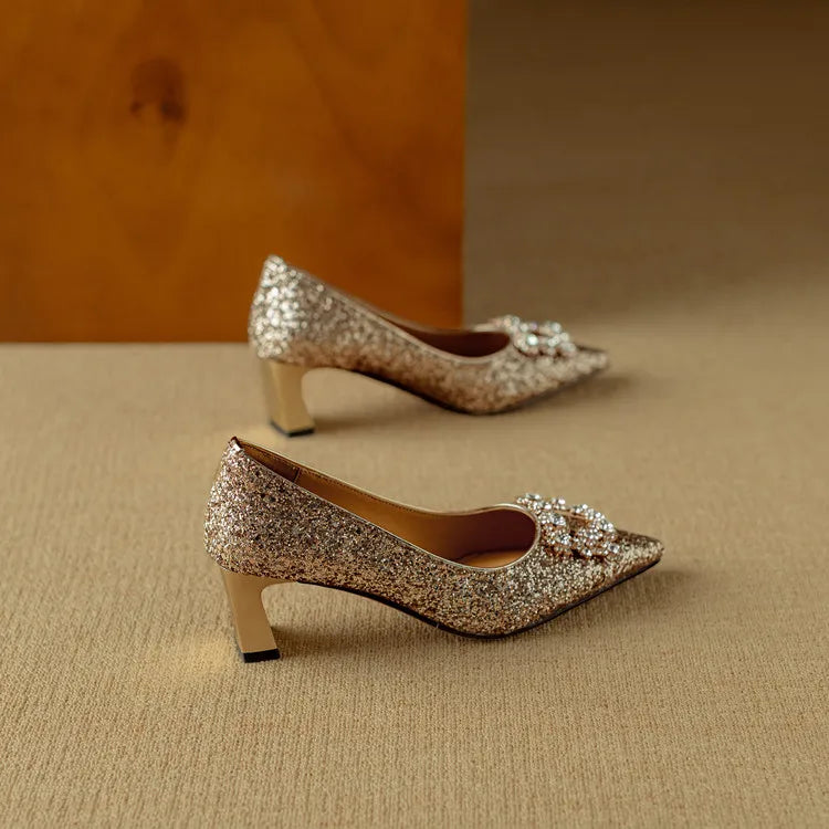 Stella | Women's Glitter Block Heel Pumps Pointed Toe Crystal Buckle 6