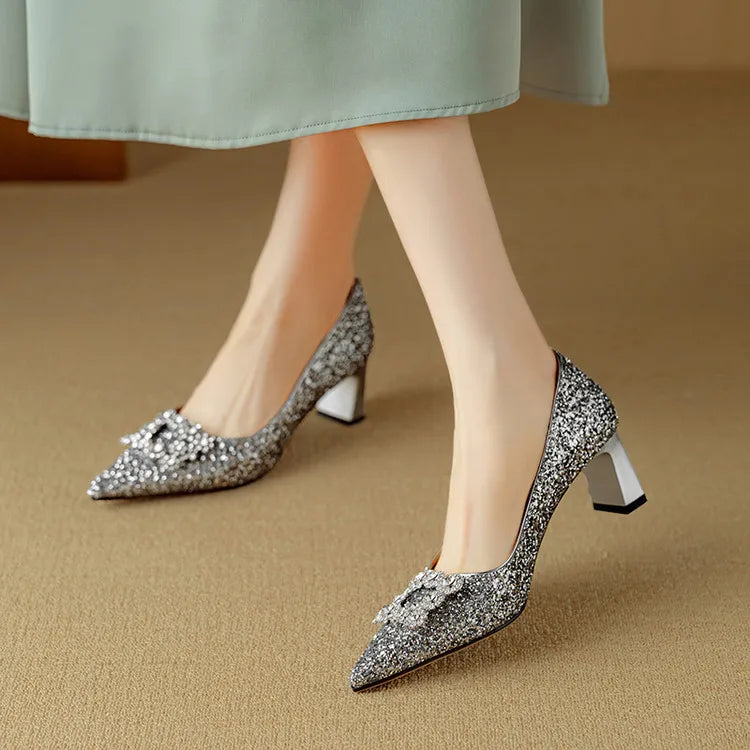 Stella | Women's Glitter Block Heel Pumps Pointed Toe Crystal Buckle 7
