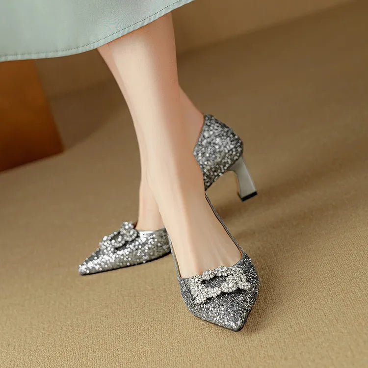 Stella | Women's Glitter Block Heel Pumps Pointed Toe Crystal Buckle 8