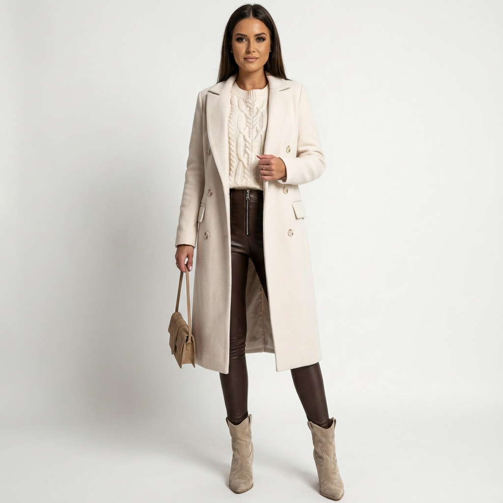 Long Women's Crossed Coat with Buttons