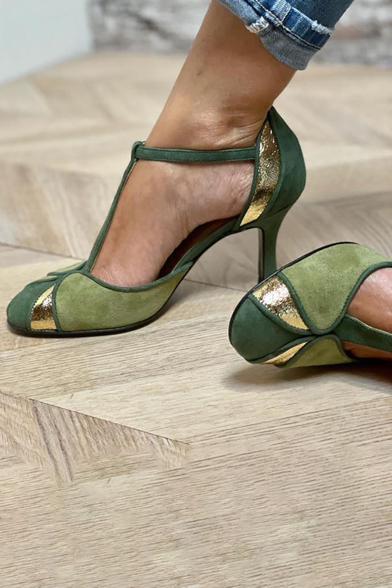 Taviana™ | Patchwork Heels with T-Strap and Closed Toe 1
