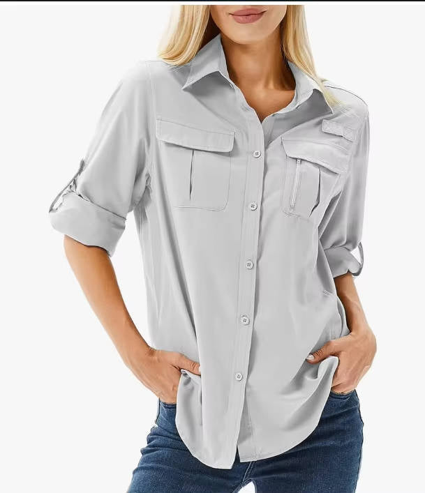 Women's UPF 50 Long Sleeve Hiking Shirt Roll-Up Safari Shirt