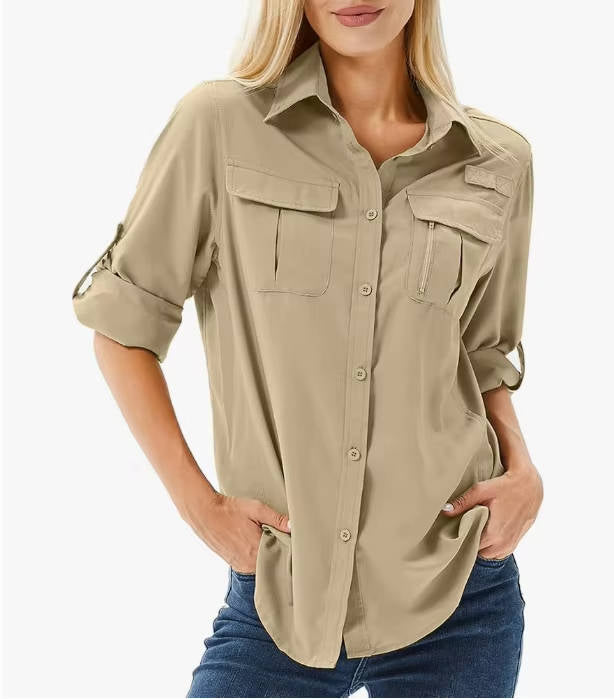 Women's UPF 50 Long Sleeve Hiking Shirt Roll-Up Safari Shirt