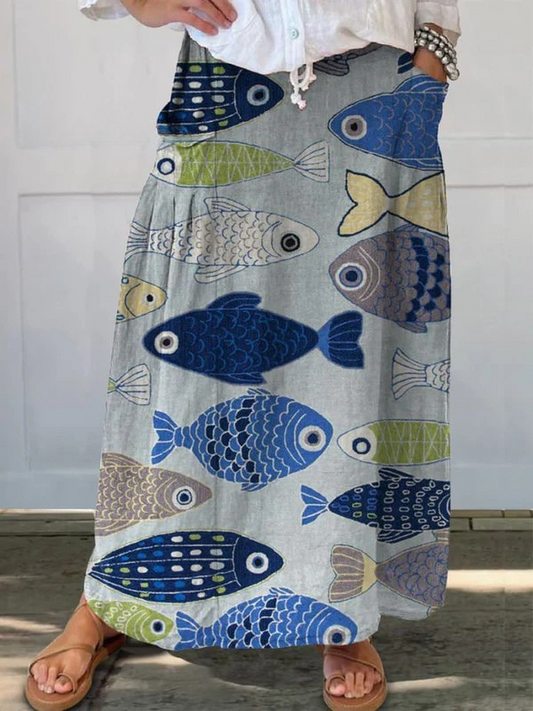 Women's Vintage Fish Art Print Pocket Skirt | Relaxed A-Line Summer Skirt 1