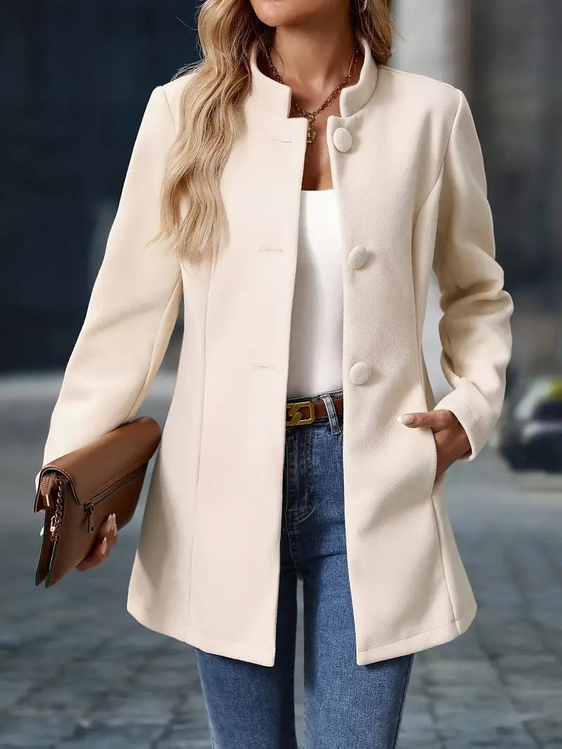 Women's Mid-Length Coat with High Collar and Buttons