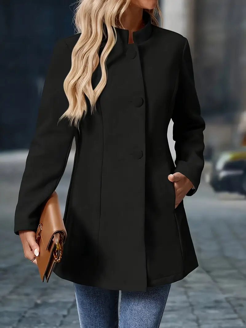Women's Mid-Length Coat with High Collar and Buttons
