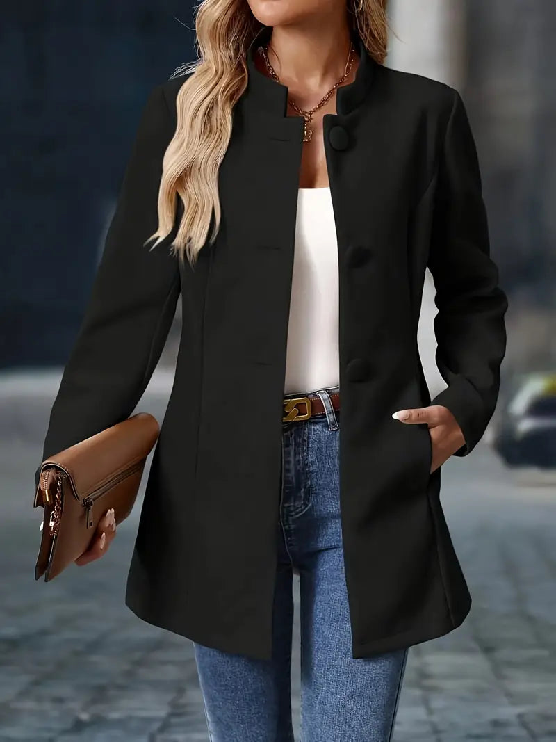 Women's Mid-Length Coat with High Collar and Buttons
