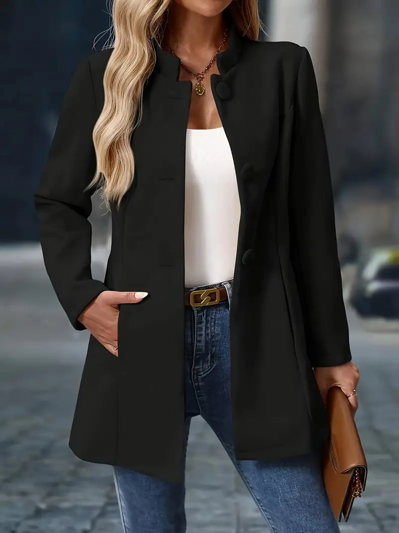 Women's Mid-Length Coat with High Collar and Buttons