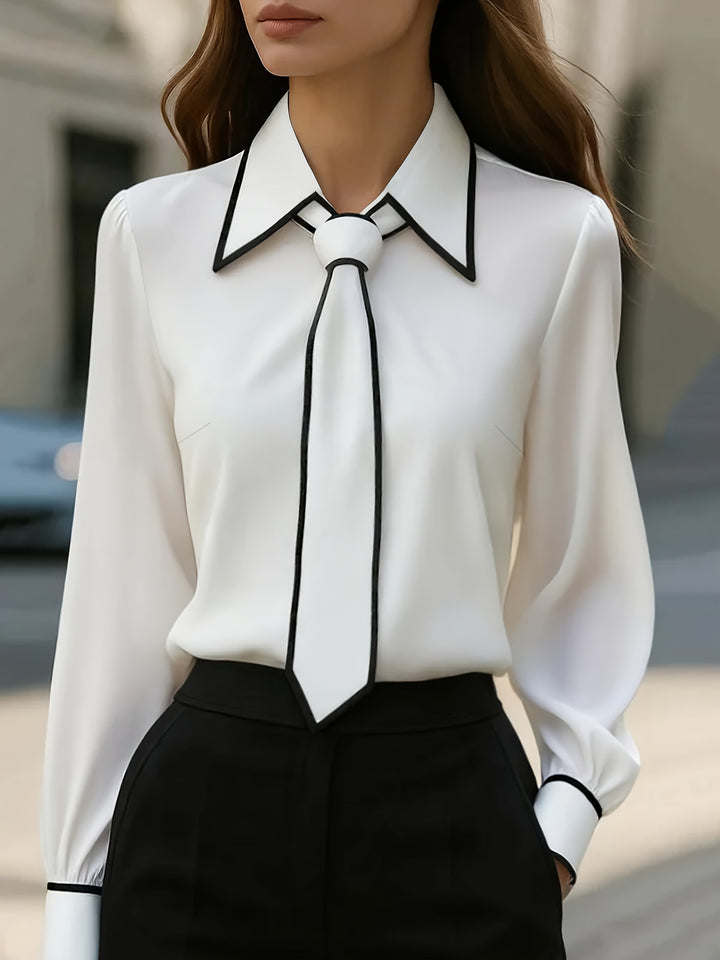 Blusa da donna con maniche lunghe, collo annodato e colletto a contrasto