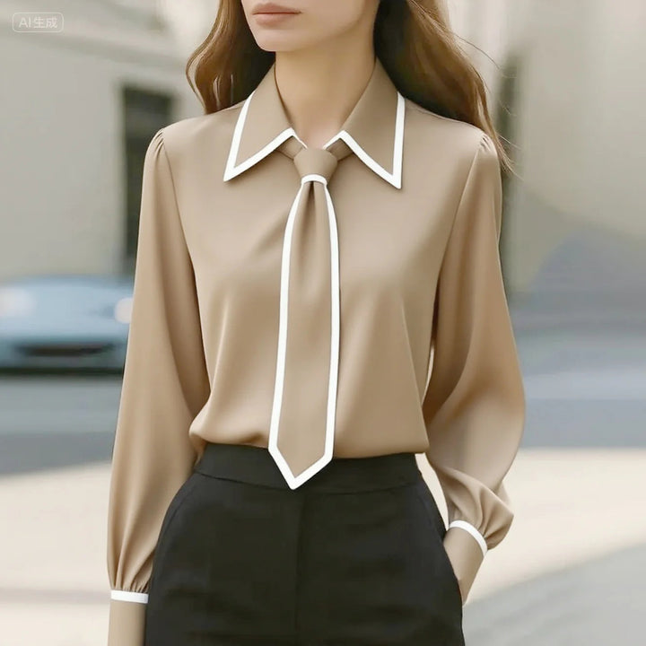 Blusa da donna con maniche lunghe, collo annodato e colletto a contrasto